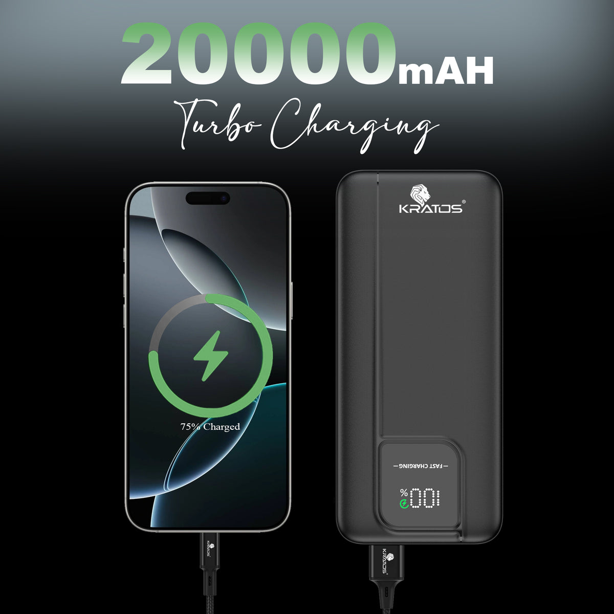 Kratos 20000mAh 35W Turbo Fast Charging Power Bank | Dual Output | PD + QC Compatible | Two-Way Fast Charging | for MacBook Air, iPhone, Samsung, Android &amp; More (Black)