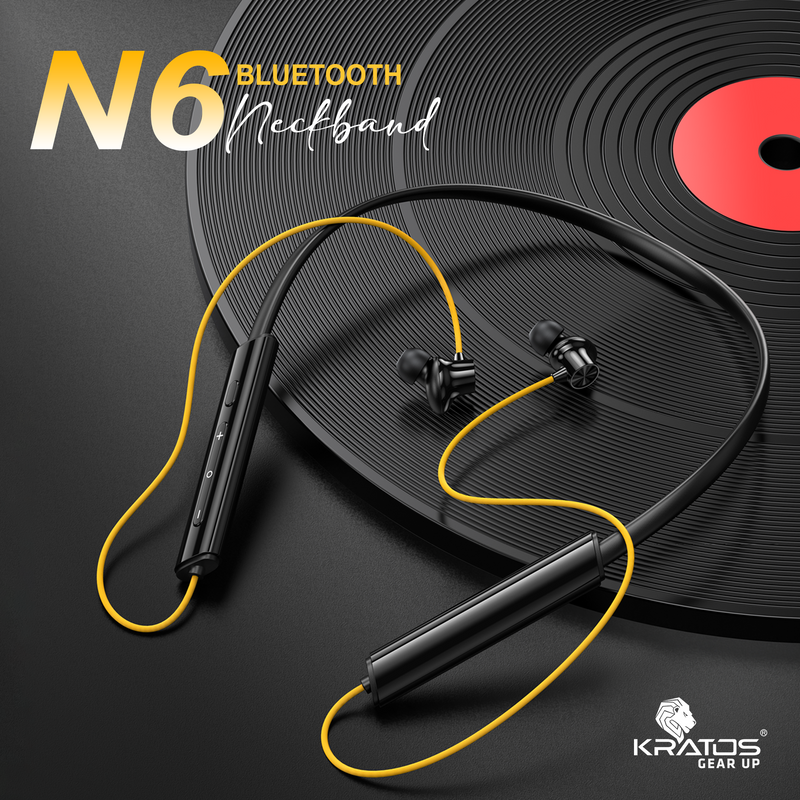 Kratos N6 Bluetooth Neckband with 55H Playtime, Deep Bass, Stereo Sound, HD Calls, Magnetic Earbuds, Voice Assistant, Type-C Fast Charging, Rich Audio, Hollow Switch for Comfort & Style