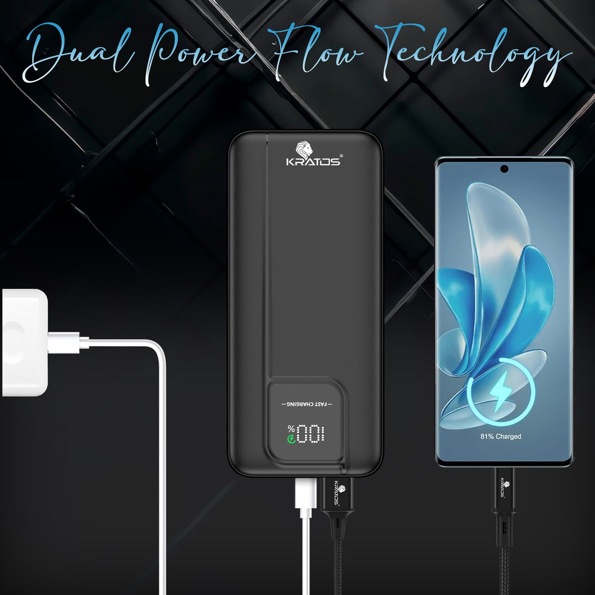 Kratos 20000mAh 35W Turbo Fast Charging Power Bank | Dual Output | PD + QC Compatible | Two-Way Fast Charging | for MacBook Air, iPhone, Samsung, Android &amp; More (Black)