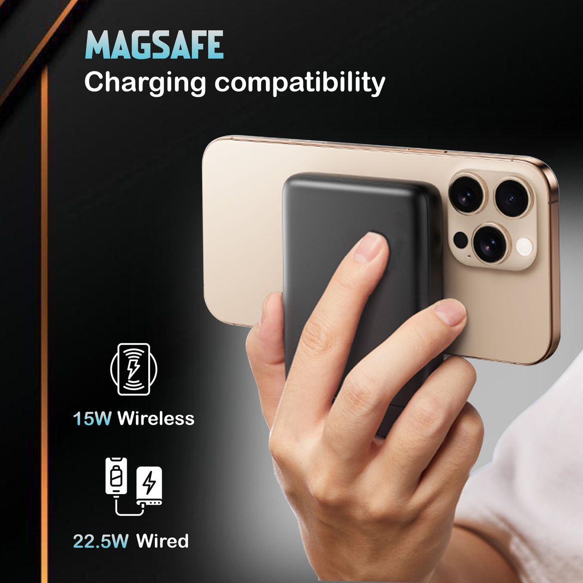 Kratos 10000 mAH Fast Charging Wireless Power Bank with 22.5w Wired Charging and 15w Wireless Charging compatiable with iPhone 16/15 /14/13 /12/11 /10 and All Qi Enabled Android Phones, Black