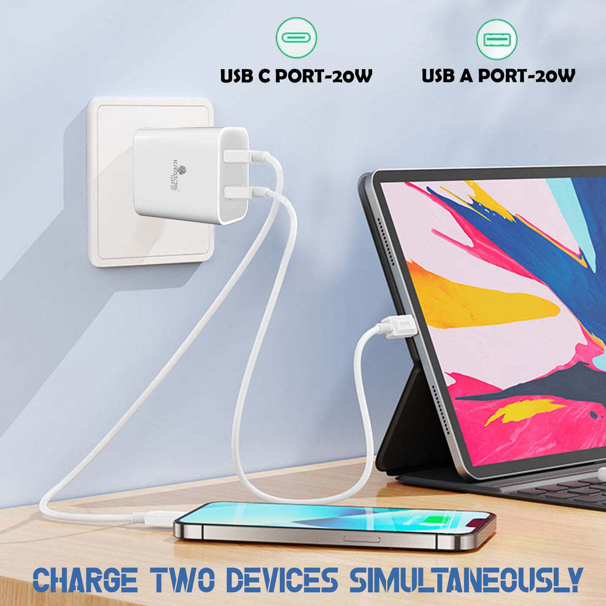 Kratos Power PQ1 45 W Charger Adapter, Dual Port (USB + Type C), Supports PD Charging via Type C Port, Compatible with Smartphones, Tablets &amp; Smartwatch, Fast Charger Type c,White