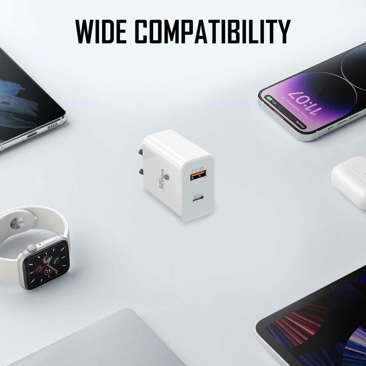 Kratos Power PQ1 45 W Charger Adapter, Dual Port (USB + Type C), Supports PD Charging via Type C Port, Compatible with Smartphones, Tablets &amp; Smartwatch, Fast Charger Type c,White