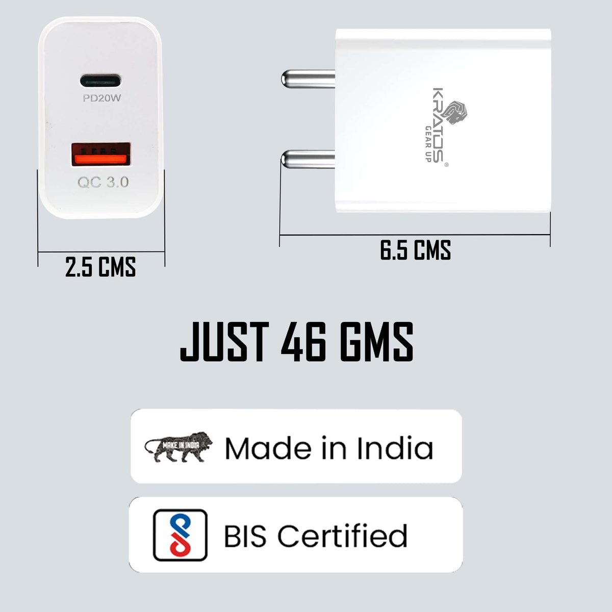 Kratos Power PQ1 45 W Charger Adapter, Dual Port (USB + Type C), Supports PD Charging via Type C Port, Compatible with Smartphones, Tablets &amp; Smartwatch, Fast Charger Type c,White