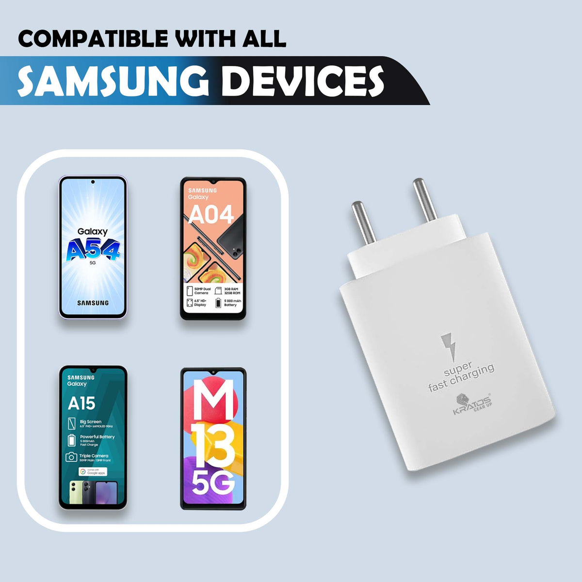 Kratos 25W Charger Adapter Compatible with Samsung Galaxy S/A/M/F/Z Series/S23/S22/S21/21 fe/S20/M14 5G/M34/M54/M53 5g/M33/M13/A34/A54 5G,F15/A15/A14/F14, for Samsung Charger Fast Charging,White