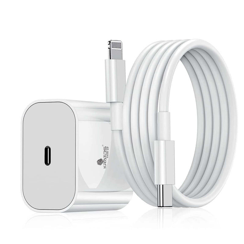 Kratos 20W Original Charger with Lightning Cable Compatible with iPhone14/13/12/11/10/9/8/7/X/Xr Series, Cable Length 1.2 Mtr, White