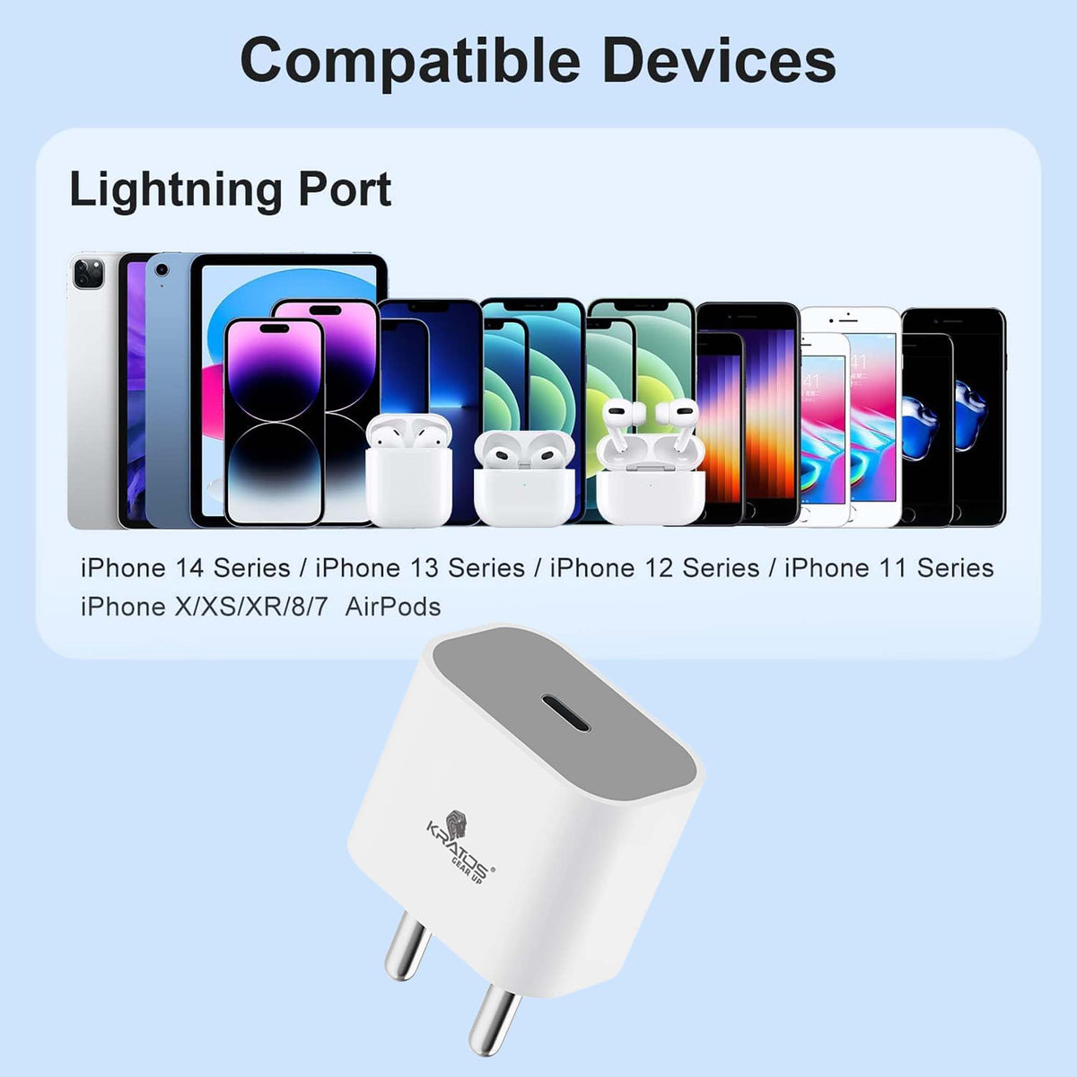Kratos 20W Original Charger Compatible for iPhone 16/15/14/13/12/11/10/9/8/7/6/xe/xs/xr, Type C Adapter, BIS Certified, 1 Year Warranty, White