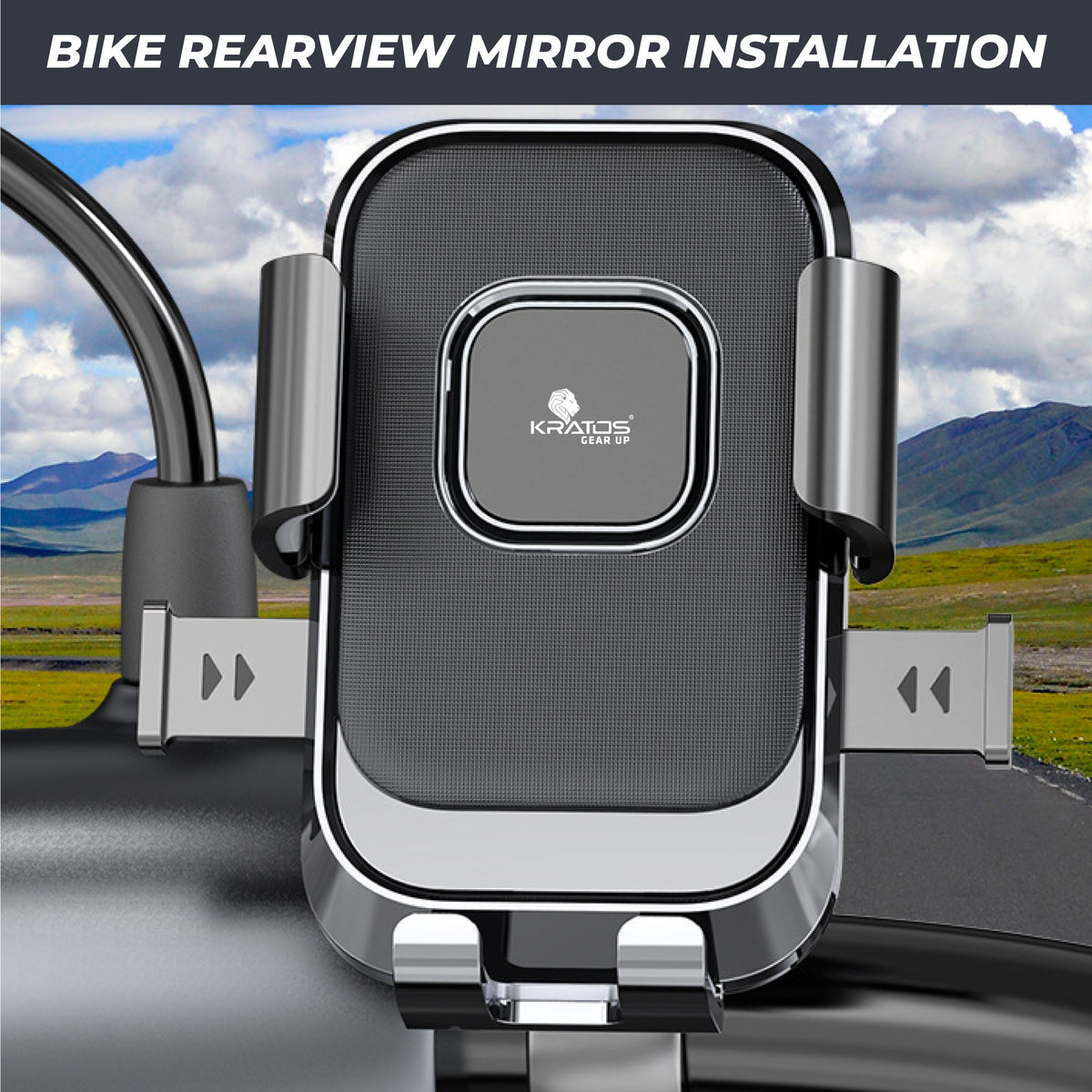 Kratos Moto-B2 Mobile Holder for Bikes with One Click Locking, Mirror Fitting Style, Anti-Shake-Firm Grip, 360° Rotation, Mobile Holder for Scooty, Activa, Jupiter, Electric Scooters &amp; Bikes