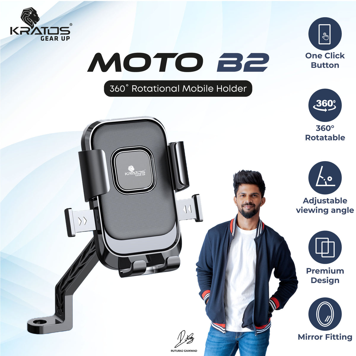 Kratos Moto-B2 Mobile Holder for Bikes with One Click Locking, Mirror Fitting Style, Anti-Shake-Firm Grip, 360° Rotation, Mobile Holder for Scooty, Activa, Jupiter, Electric Scooters &amp; Bikes