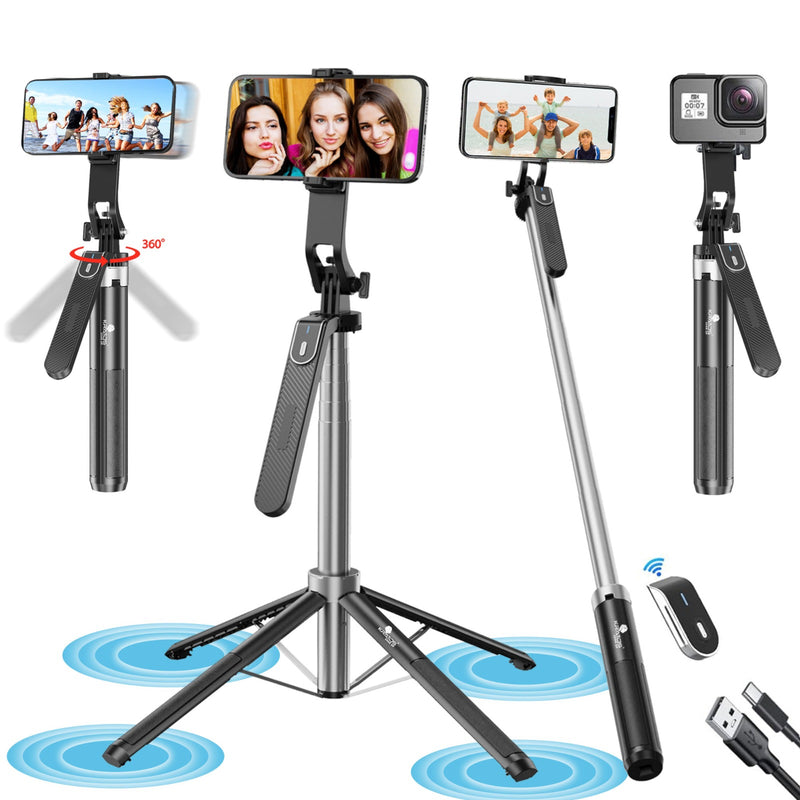 Kratos K5 Selfie Stick Tripod with Balance Handle, 64 inch & Stable 4 Leg Design,Recharable BT Remote, Long Tripod Stand for 360° Rotation Panoramic Shoot, Made for Phones,Ring Light, Gopro,Camera