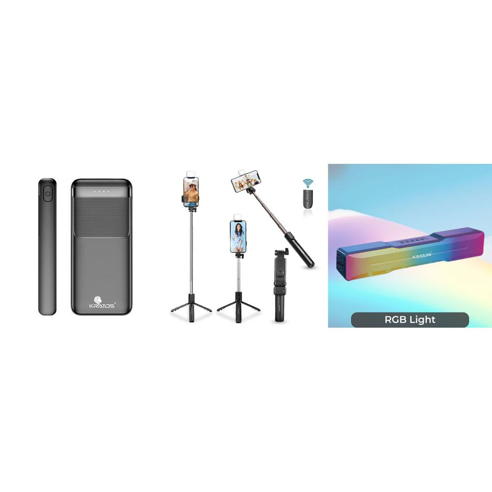 TravelPack by Kratos – Power Bank + Selfie Stick + Rainbow Speaker | Stylish Travel Essentials Combo