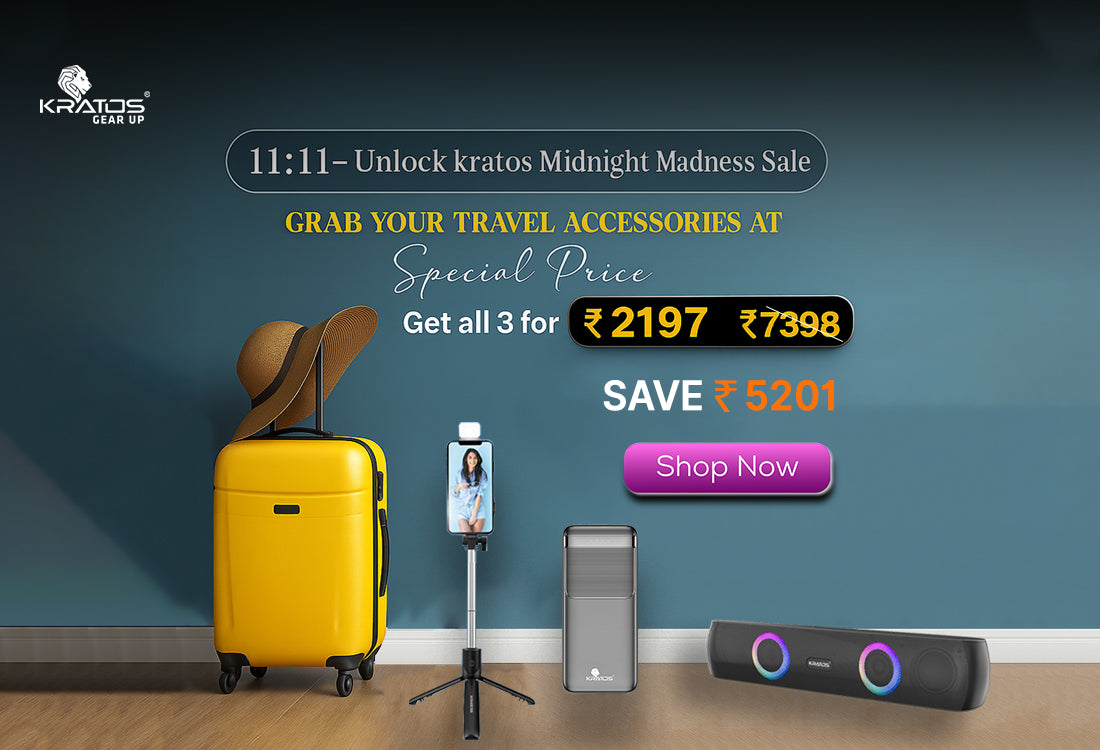 TravelPack by Kratos – Power Bank + Selfie Stick + Rainbow Speaker | Stylish Travel Essentials Combo