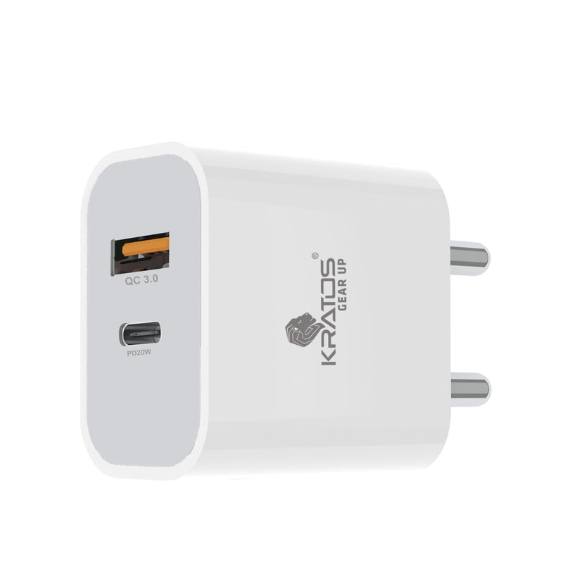 Kratos Power PQ1 45 W Charger Adapter, Dual Port (USB + Type C), Supports PD Charging via Type C Port, Compatible with Smartphones, Tablets & Smartwatch, Fast Charger Type c,White