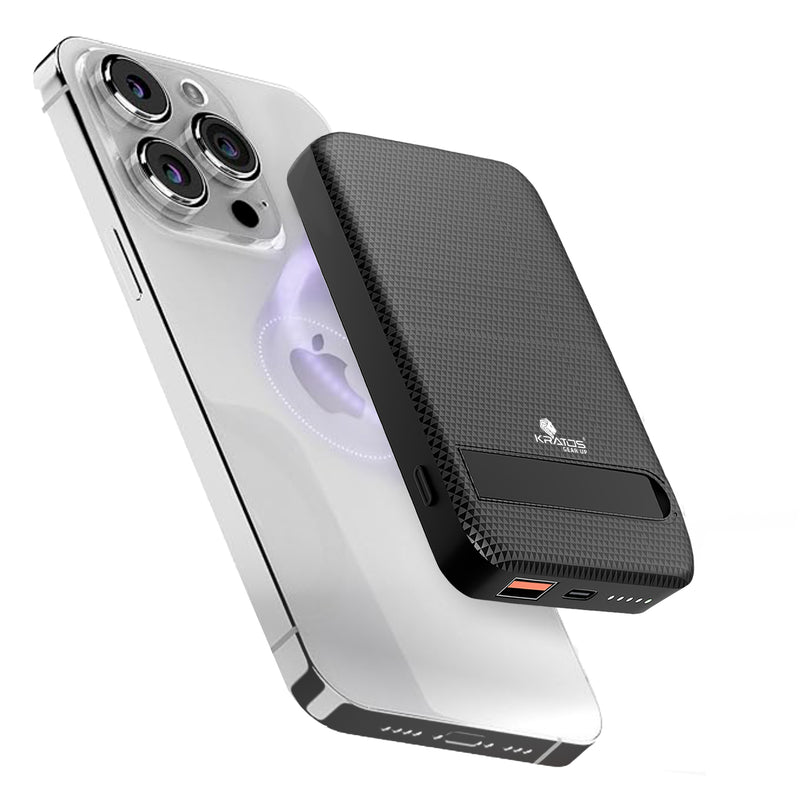 Kratos Legend Prime Mini Wireless Powerbank 10000mAh 15W Magnetic Wireless Fast Charging Power Bank with 22.5 USB Type C Connector Compatible with iPhone 12&Above & Other QI Enabled Devices,Black