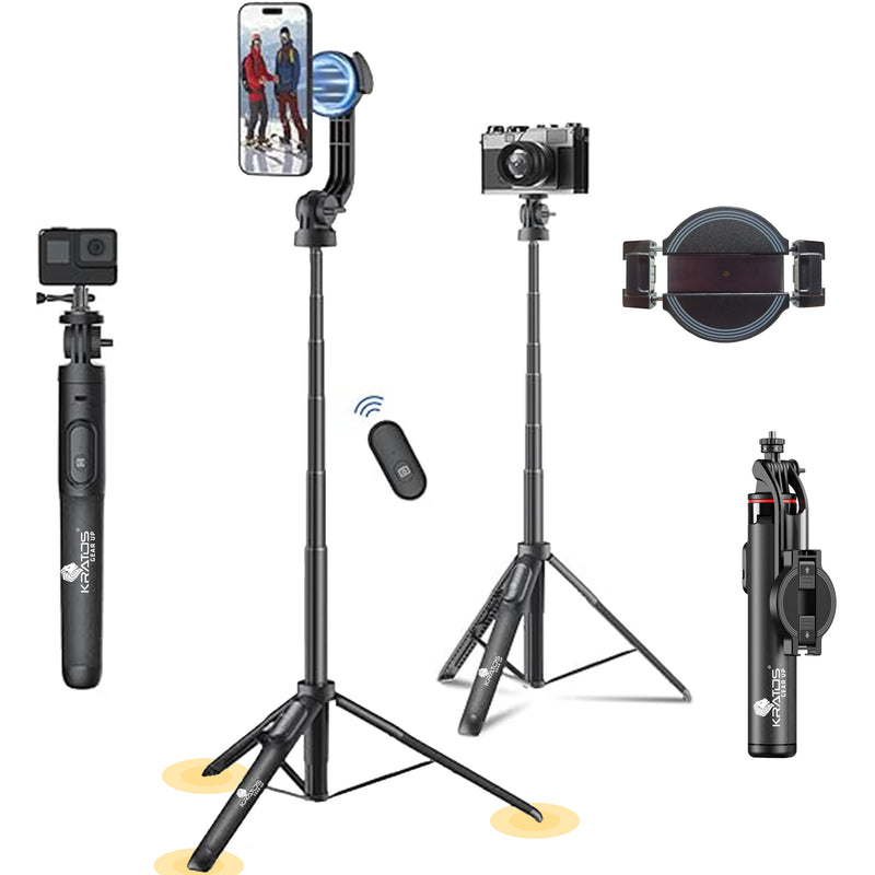 Kratos k7 Magnetic Selfie Stick Tripod Stand Reinforced 53"/ 135 CM Long tripod stand, 360° Rotation, Bluetooth Remote for Selfie, Vlogging, Travel & Compatible with iPhone, Smartphones, Gopro, Ringlight