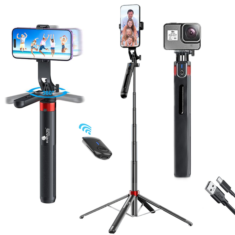 Kratos K10 71 inch Selfie Stick Tripod with 360° Rotation, Rechargeable Remote, Gimbal Handle, Tripod Stand with Ultimate Stability Perfect for Mobile, GoPro,vlogging, Panoramic Shots, Live Streaming